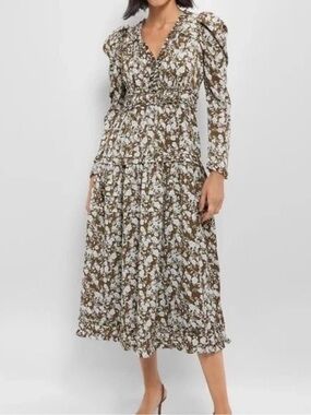 Olive Green Floral Tiered Jumpsuit with Ruffle V-Neck